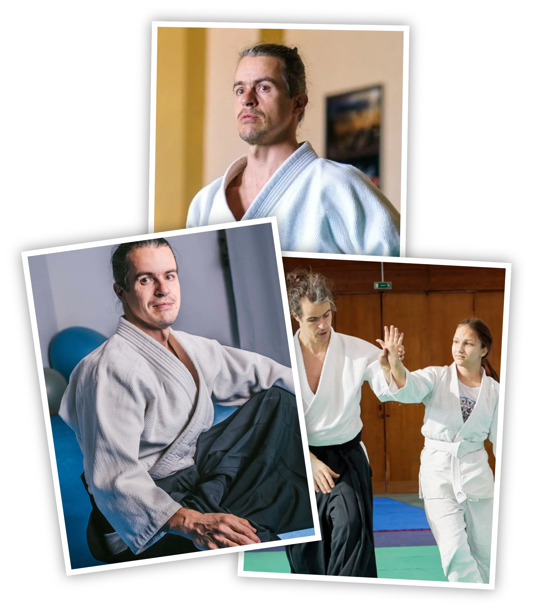 Collage van drie foto’s van een Aikidoleraar in gi: één portret staand in de dojo, één zittend op de mat in rust, en één lesmoment waarin hij een techniek begeleidt met een jonge leerling. Rustige, aandachtige sfeer bij Ando op de mat